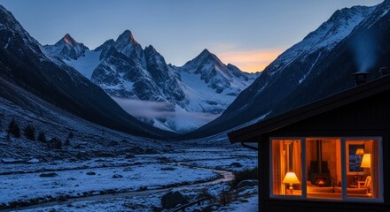 Cozy illuminated dwelling contrasts sharply with rugged, snow-covered mountain valley at twilight
