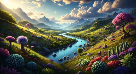 Vibrant alien flora flourishes along a winding river valley nestled between majestic mountain ranges under a dramatic sky.