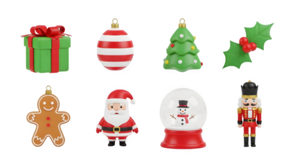 Festive christmas ornaments collection including gifts snow globes gingerbread men and nutcrackers isolated on transparent background