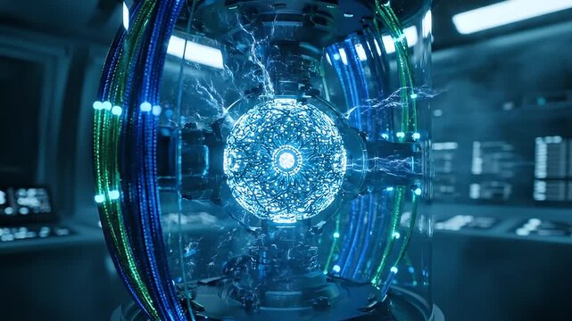 Futuristic Energy Core in a Sci Fi Laboratory with Blue and Green Lights