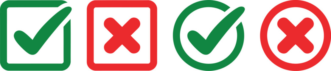 Obraz premium Green Check and Red X Symbols Set Featuring Square, Rectangle and Circle Shapes for Approval and Rejection Status Icons in User Interface, Web, App, Validation, Confirmation and Error Design Systems