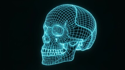 Rotating Skull in Wireframe Style on a Black Background - Powered by Adobe