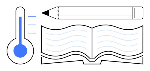 Education, learning, teaching resources, measurement, academic progress, writing. Icons of a thermometer, pencil and an open book. Education and learning