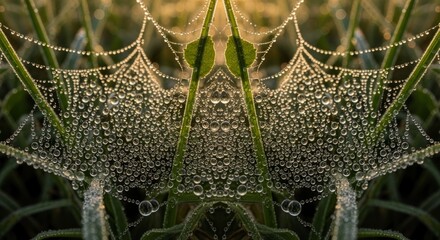 Intricate gossamer structure glistens with numerous tiny spheres of moisture in morning light