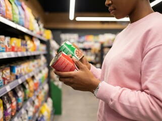 African American woman choosing canned dog food at a pet store, reading the label. Customer compares wet pet food in the aisle with various canned goods on the shelves Concept of responsible pet owner