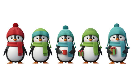 Fototapeta premium Charming cartoon penguins wearing colorful winter hats and scarves standing in a row isolated on transparent background