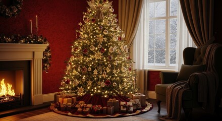 Illuminated holiday tree stands beside a cozy armchair near a window showing snowfall inside a warmly decorated room