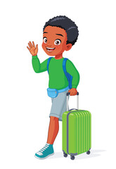 Happy African-American boy pulling a suitcase and waving hand as he goes off on a vacation. Cartoon vector illustration.