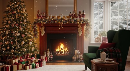 Cozy living room features a crackling fireplace beside a decorated holiday tree and comfortable seating