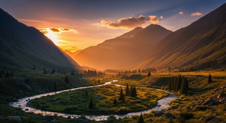 Majestic mountain valley basks in the warm glow of a setting sun