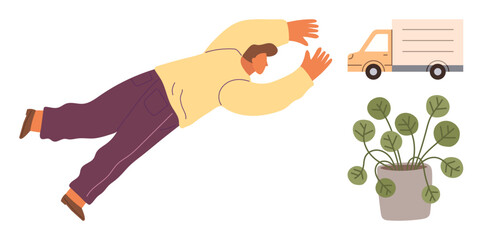 Man airborne, reaching for a moving truck, with a potted plant beside him. Ideal for chaos, urgency, action, deliveries, logistics humor adaptability. A quirky simple flat metaphor