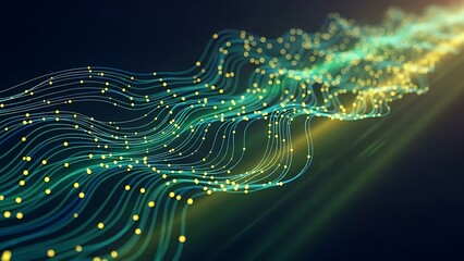 Abstract glowing neon lines and particles on dark background with light trails