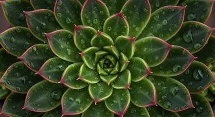 Symmetrical arrangement of dark green succulent plant leaves covered in fresh water droplets