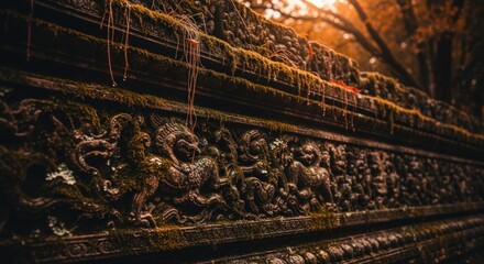 Ancient weathered stone relief artwork displays intricate mythological figures covered in damp moss