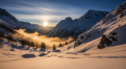 Majestic mountain valley reveals stunning sun rays piercing through low-lying fog during winter sunrise