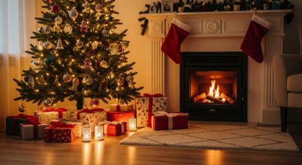 Warm interior scene features a brightly lit evergreen tree adorned with ornaments beside a cozy fireplace with stockings hung above