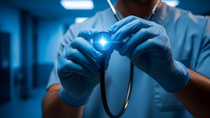 Medical professional wearing blue scrubs and gloves holding stethoscope with glowing heartbeat symbol