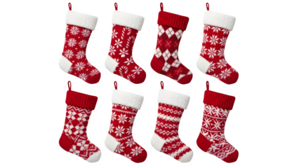 Festive collection of red and white knitted christmas stockings hanging in a row isolated on transparent background