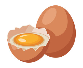 A cracked egg and a whole egg showcasing the yolk and shell