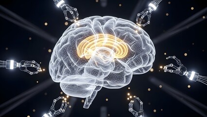Robotic hands surrounding a glowing transparent human brain with bright core structure