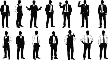 Business men silhouette collection standing in professional poses showing leadership confidence corporate identity teamwork success and formal workplace attitude