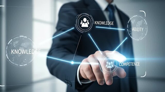 Man in Blue Suit Taps Virtual Screen Displaying Knowledge Ability and Competence Diagrams in a Brightly Lit Room