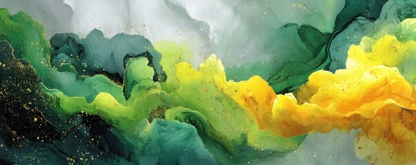 Abstract green and yellow swirling watercolor background with flowing translucent layers and soft glow