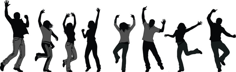 Happy energetic people silhouette jumping dancing together in celebration of freedom youth unity party joy movement lifestyle energy fun spirit