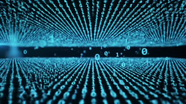 A slow dolly video through an infinite, dark digital void with a mesmerizing stream of glowing electric blue binary code, sharp foreground, bokeh. Intricate data processing concept