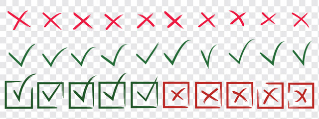 hand drawn check tick mark icon set. tick, cross signs for checkbox, checklist, v and x in sketch doodle brush marker checklist symbol wrong right circle. vector illustration