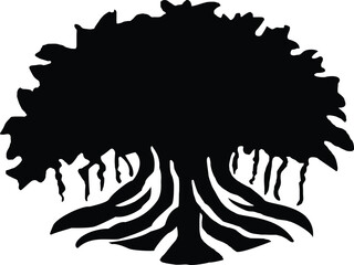 Bold black silhouette of a banyan tree with intricate roots, symbolizing growth and stability isolated on transparent background, Vector