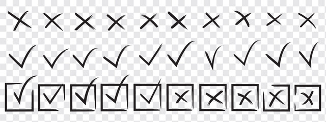 hand drawn check tick mark icon set. tick, cross signs for checkbox, checklist, v and x in sketch doodle brush marker checklist symbol wrong right circle. vector illustration © HIKE  Studio  1