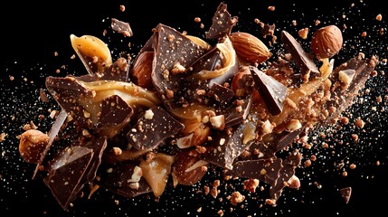 Chocolate bar with nuts and caramel is shown in a messy, chaotic way. Concept of indulgence and excitement, as if the chocolate is being thrown into the air