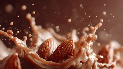 Splash of chocolate milk with almonds floating in it. Concept of indulgence and enjoyment, as the chocolate milk and almonds are a delicious treat