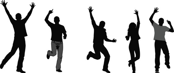 Happy energetic people silhouette jumping together in celebration of youth freedom dance party joy movement unity lifestyle fun energy spirit