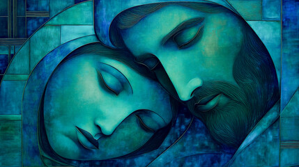 Biblical characters Mary, Joseph, and the newborn king in a manger. Watercolor illustration in blue and green tones. Christmas card. A graphic image.