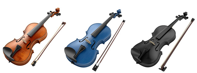 String Instruments: Showcasing a triad of elegantly designed violins, each distinguished by unique color palettes, capturing a symphony of design.