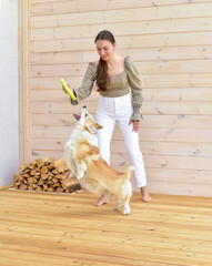 Happy woman with сorgi dog playing on the veranda of her house. Training pet . Favorite animal