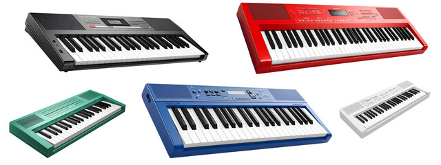 Musical Spectrum: An assortment of colorful synthesizers displays the diverse sounds of music. Presenting a wide range of keyboard instruments.