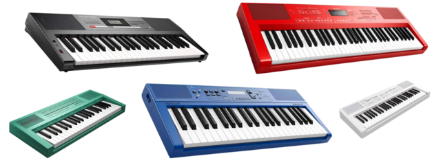 Musical Spectrum: An assortment of colorful synthesizers displays the diverse sounds of music. Presenting a wide range of keyboard instruments.