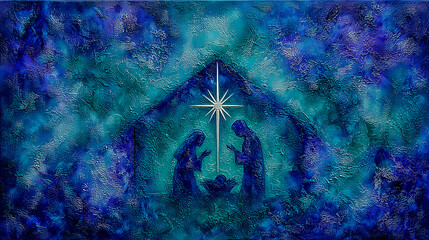 The Birth of Jesus Christ. Nativity scene in a barn against a cityscape, the baby in a manger. The Story of Bethlehem. Watercolor illustration in blue and green..
