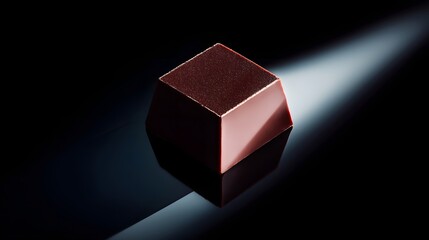 Square piece of chocolate is shown in a dark background. The chocolate is shiny and has a smooth texture. Concept of luxury and indulgence, as chocolate is often associated with special occasions