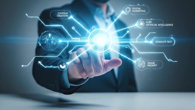Man in Blue Suit Tapping Glowing Ai Icon with Holographic Graphics on Gray Background
