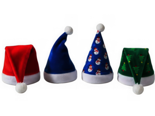 Two fluffy blue star christmas santa hats with white pom-pom.