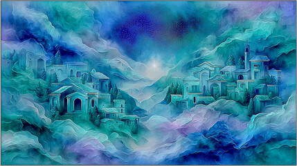 A painted landscape of the town of Bethlehem in blue and green tones. The Christmas star over Bethlehem. The birth of Jesus Christ. The history of Bethlehem. Christmas magic, Christmas card. 