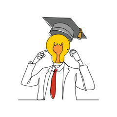 continuous single one line sketch drawing of man with bulb idea head wearing collage graduation hat cap. Smart genius people business finance and study school vector illustration editable stroke