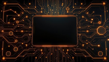 Abstract glowing circuit board pattern with central dark panel