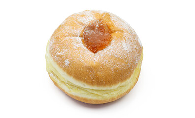 Apricot jam marmalade powdered doughnut isolated on white background. Donut bun