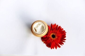 A large red gerbera flower and a jar of face cream on a white background with space for text. View from above.