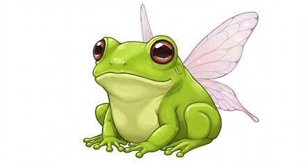 Fototapeta premium 鮮やかな緑色の体に繊細に輝く半透明の羽根を持つ愛らしいカエルが優しい眼差しでちょこんと座る 魔法と夢に満ちた幻想的な世界観を表現した魅力的なイラストレーション. AI Generated